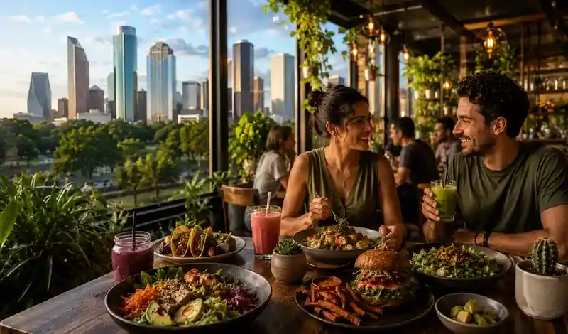 Healthy vegan dining in Houston featuring fresh plant-based cuisine, modern restaurants, and skyline views.